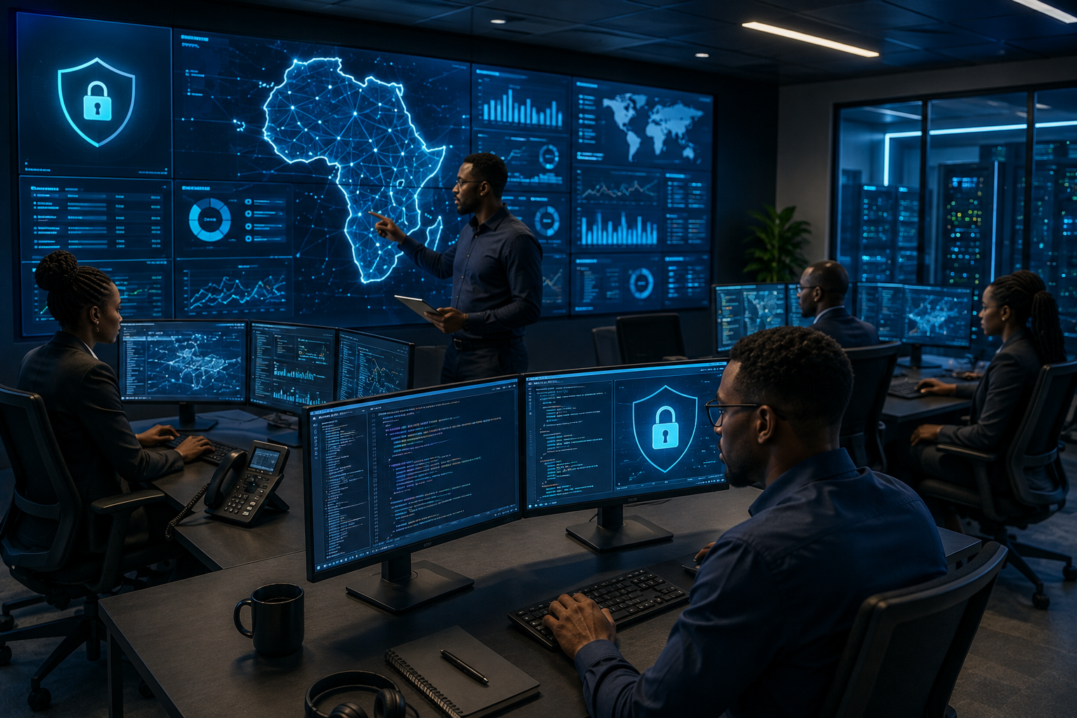 Experts en cybersécurité supervisant la sécurité et la résilience des systèmes numériques